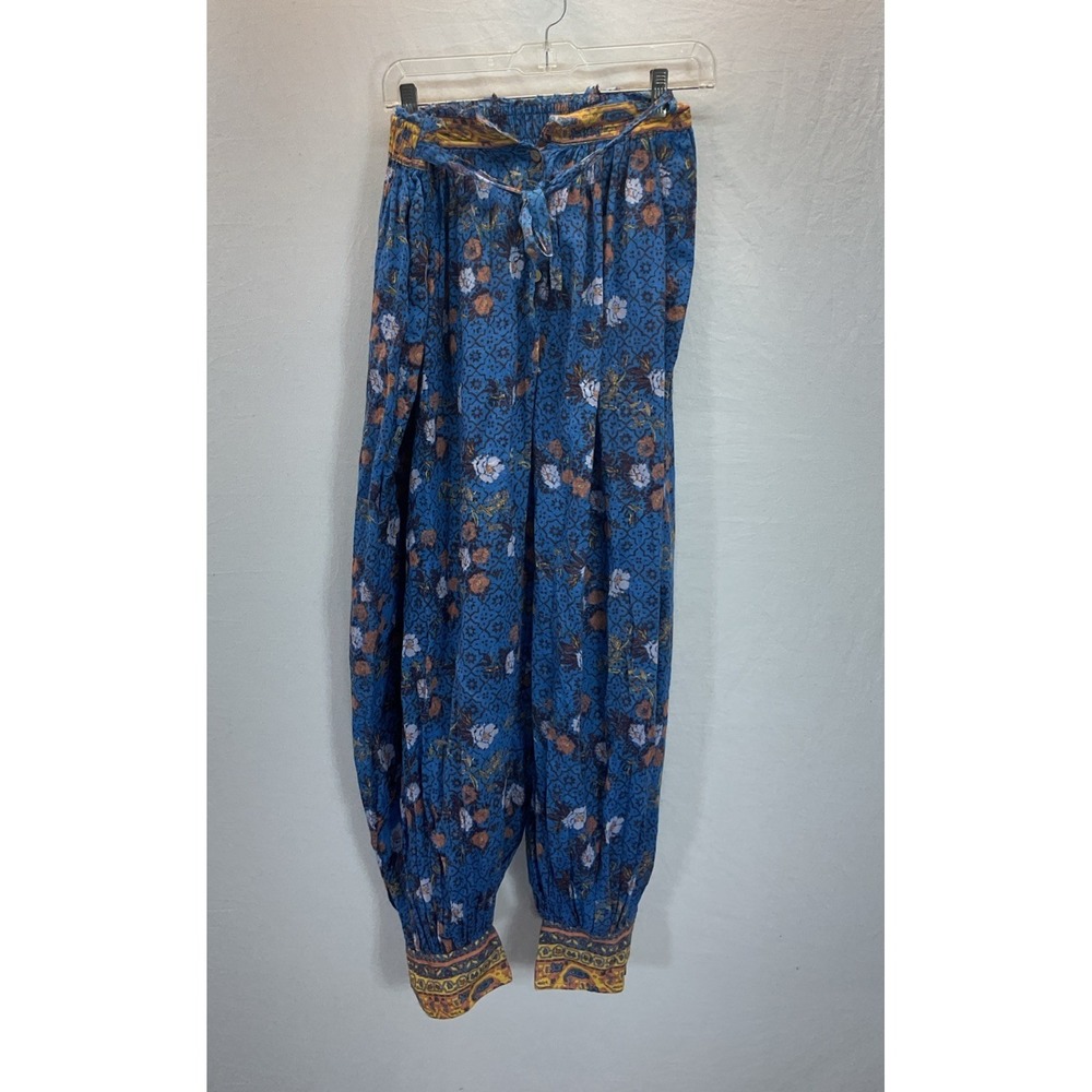 Free People Pants‎ Womens Blue Floral Harem Cuffed Elastic Waist Boho Print sz S
